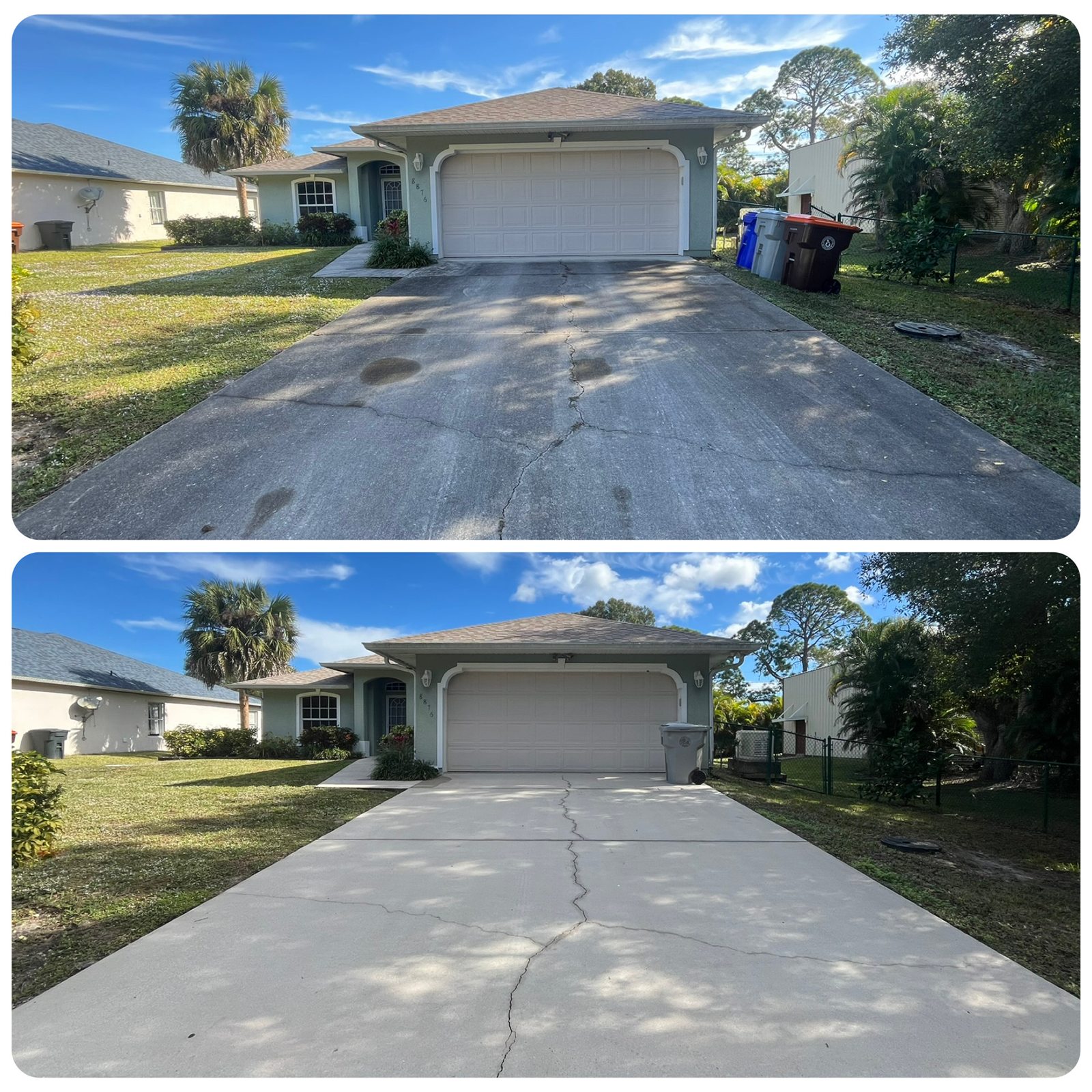 Before and after cleaning of a residential driveway