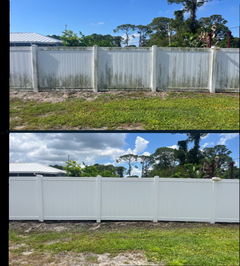 Before and after white vinyl fence cleaning
