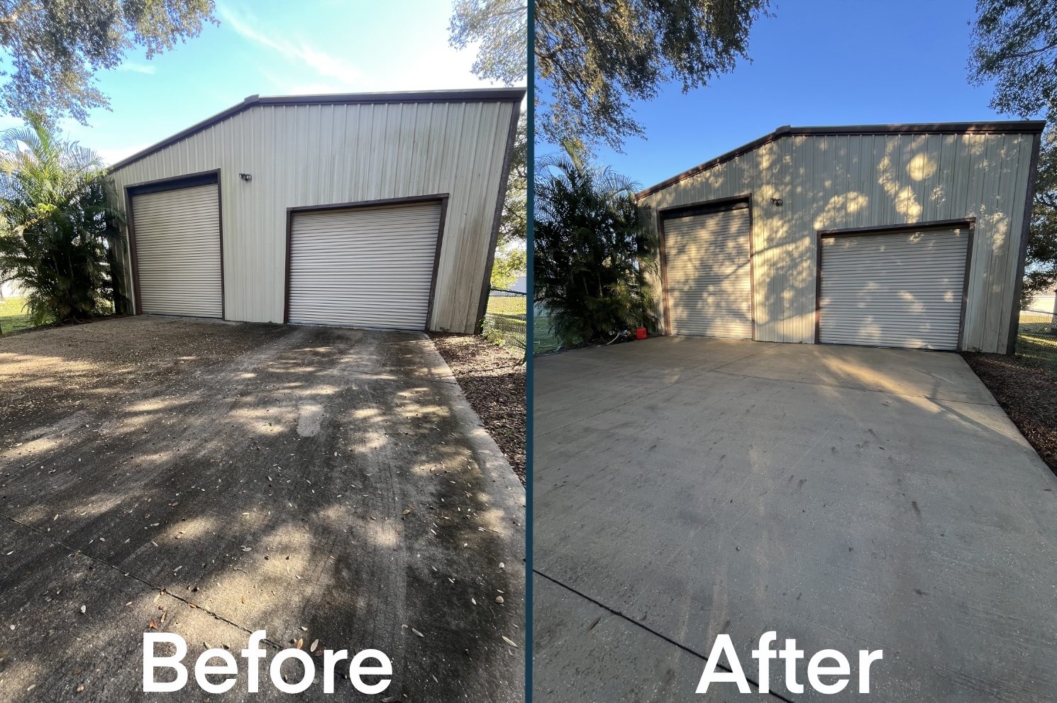Before and after exterior building and concrete cleaning